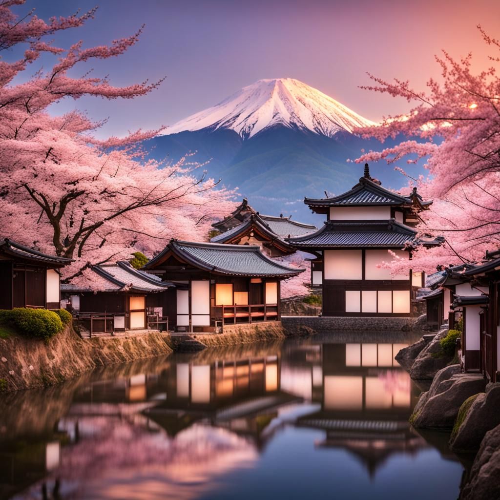 Japanese Village in Full Sakura Bloom at Dawn