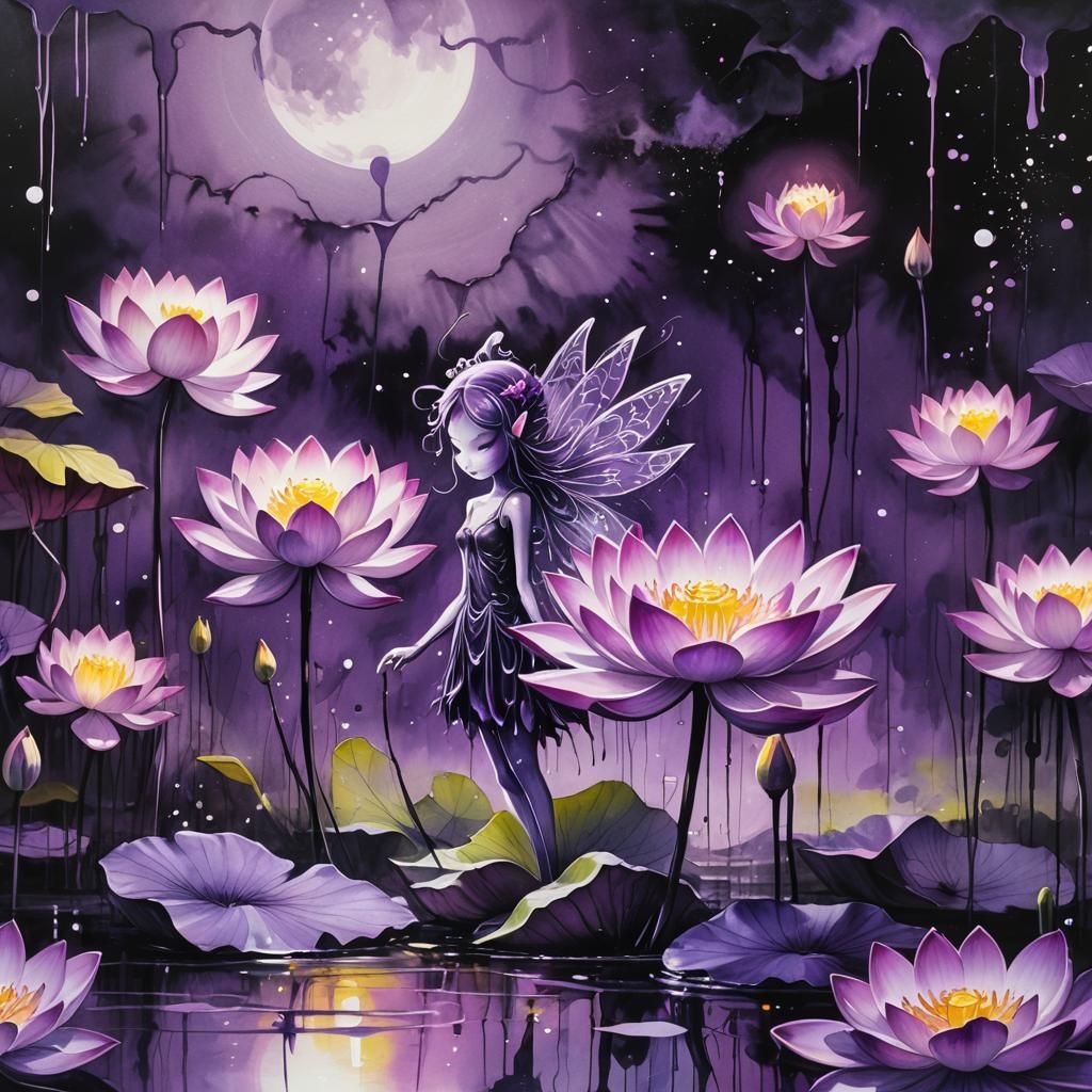 Glowing Purple Lotus Fairy in Ink Wash Painting