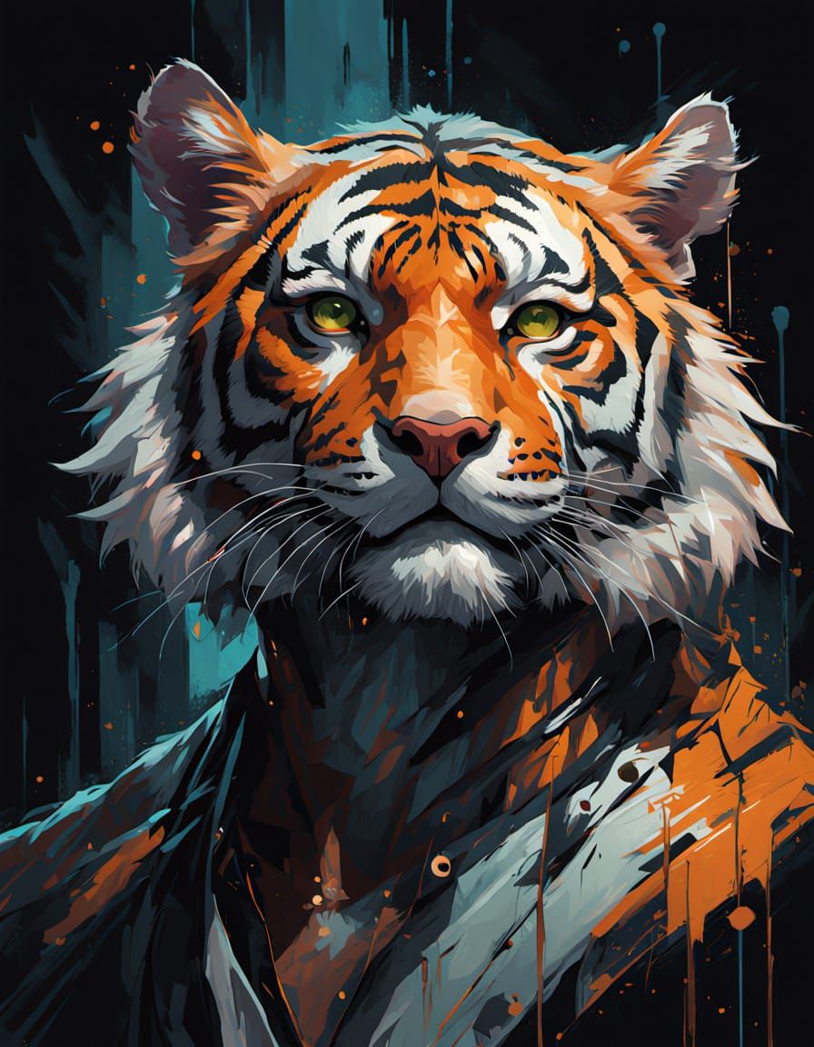 Bengal Tiger Portrait in Neon Forest Shadows