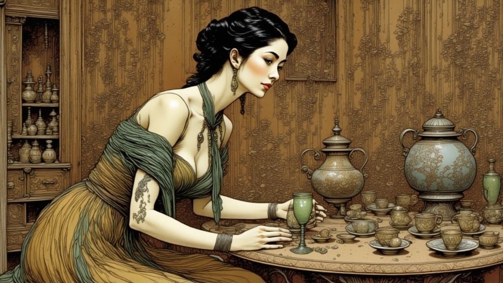 Opulent Roman Room with Chinese Woman, Engraving Style