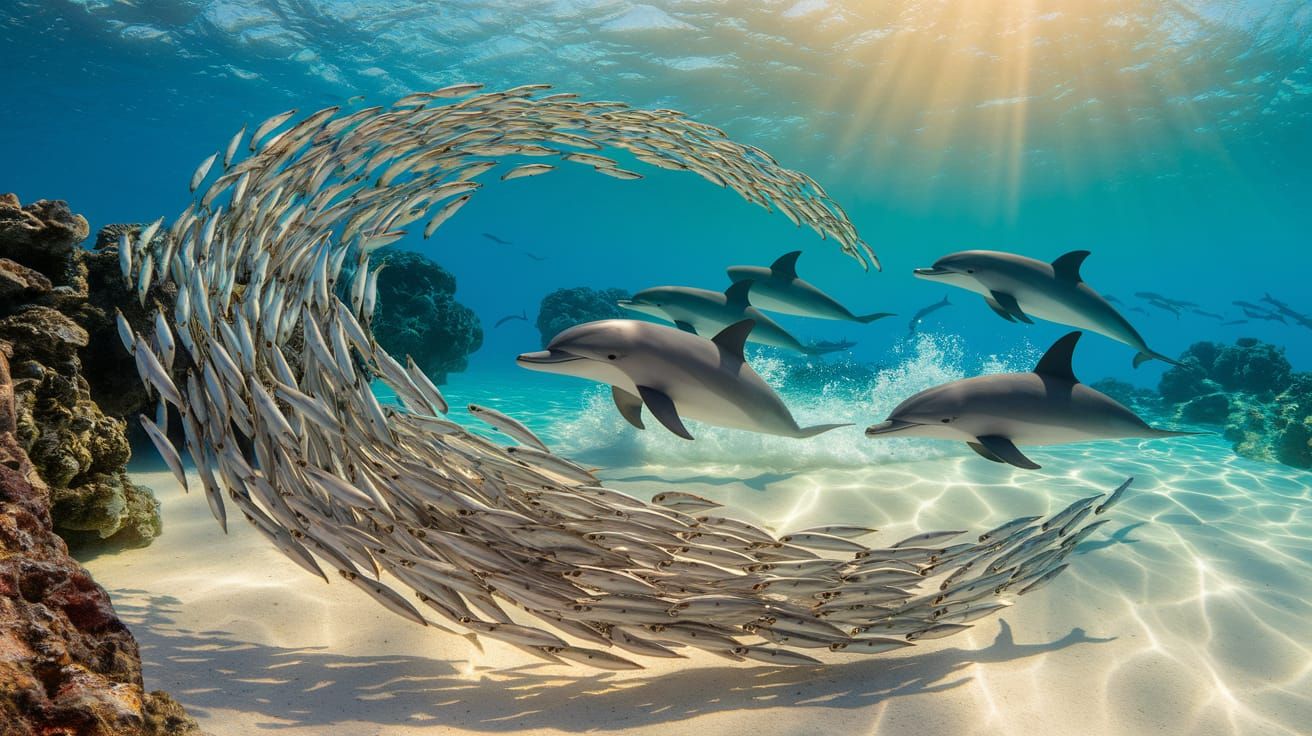 Dolphins Chase Sardines in a Vibrant Reef Scene