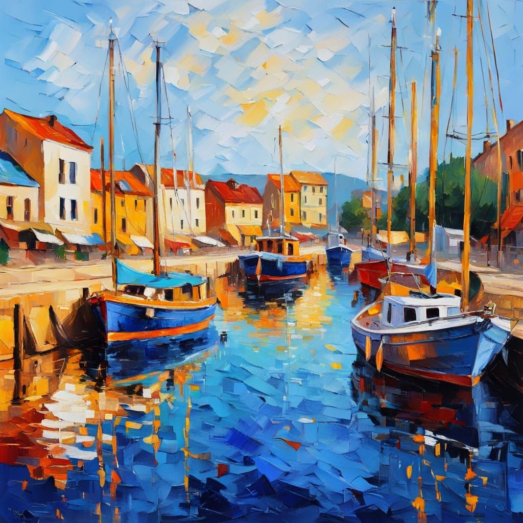 Colorful Harbor Scene as Impasto Oil Painting