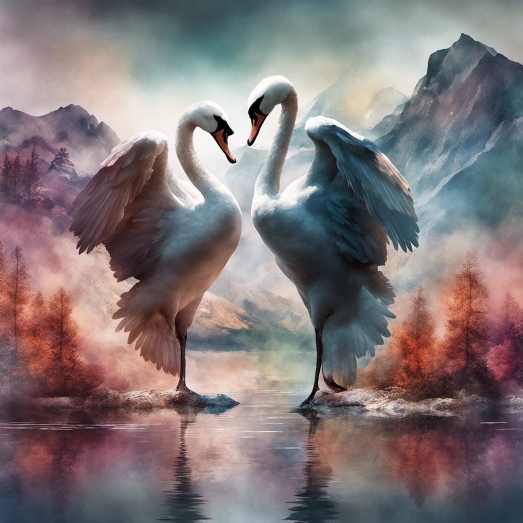 Swan Double Exposure: Watercolor Lake Mountainscape