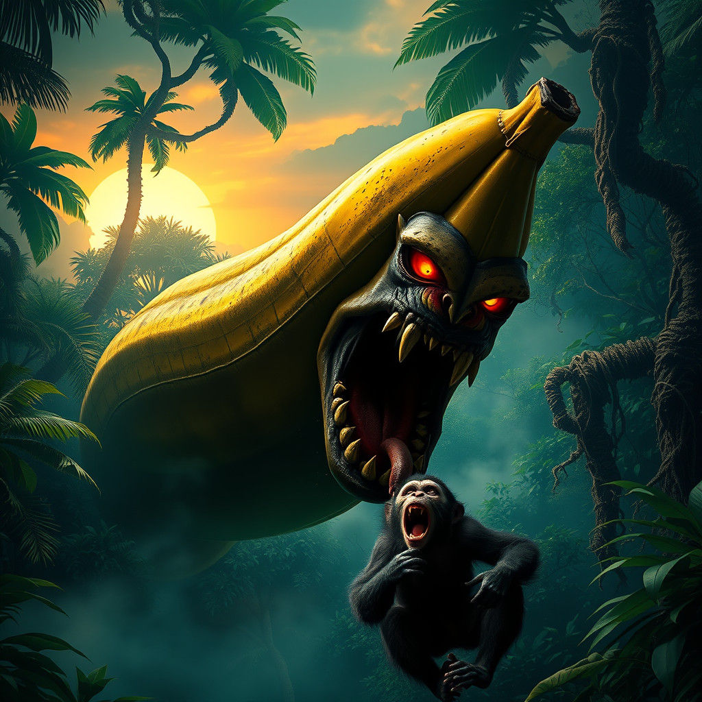 Menacing Banana Devouring Monkey in Lush Jungle