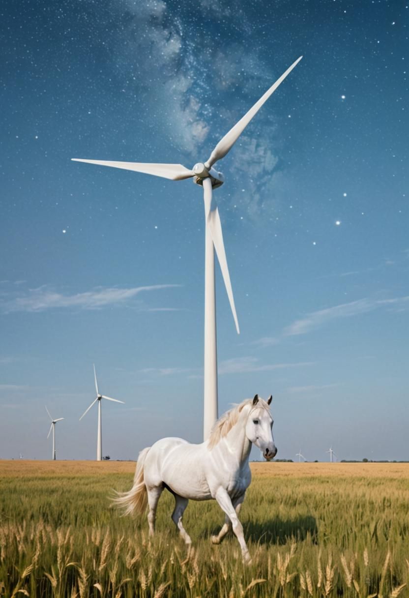 A Beautiful White Horse Graze Amidst a Turbine Silhouette un...