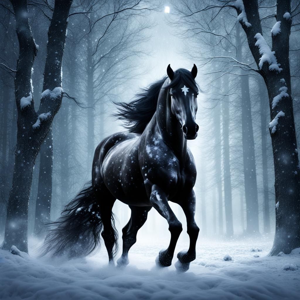 Black Horse Rearing in Snowy Fantasy Forest