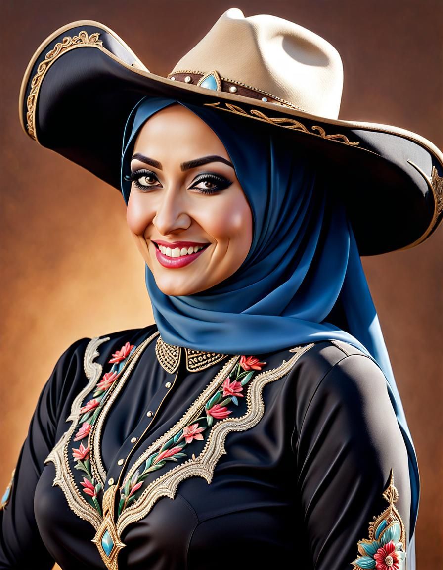 Smiling Hijabi Cowgirl Portrait in Photorealistic Style