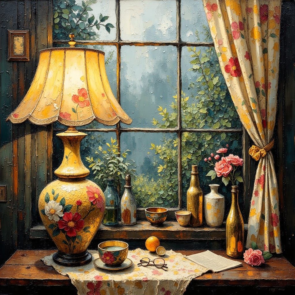 Oil Painting of Ceramic Lamp in English Garden Setting