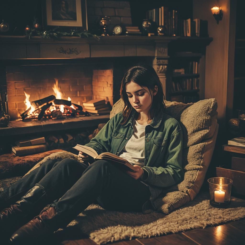 Cozy Emo Woman Sleeping by Fireplace