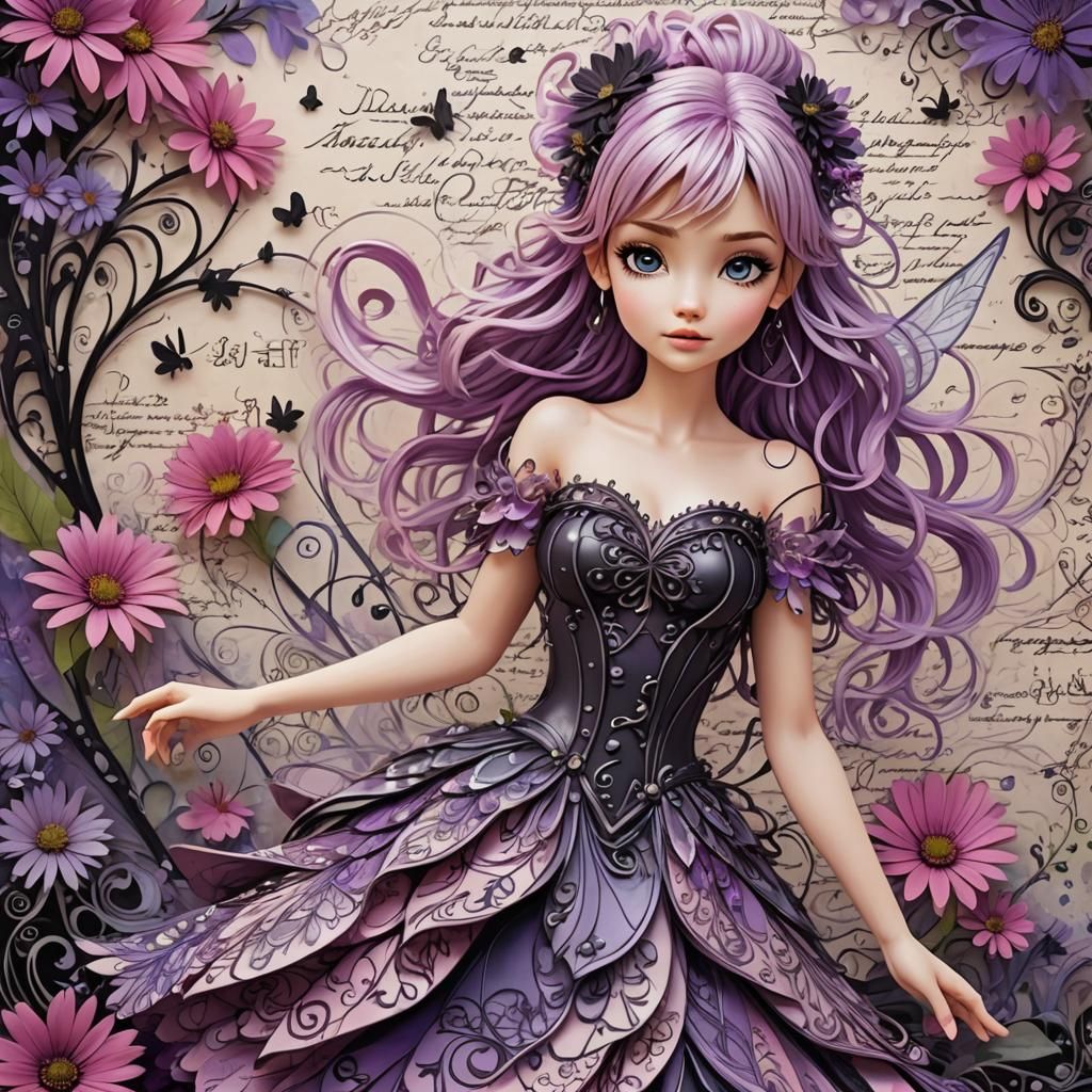 Tinkerbell Anime Art with Zentangle Flowers in 3D