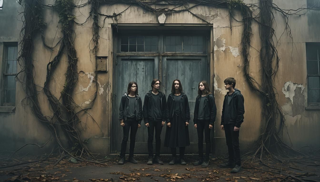 Teens at Abandoned School: Dark Surrealist Art