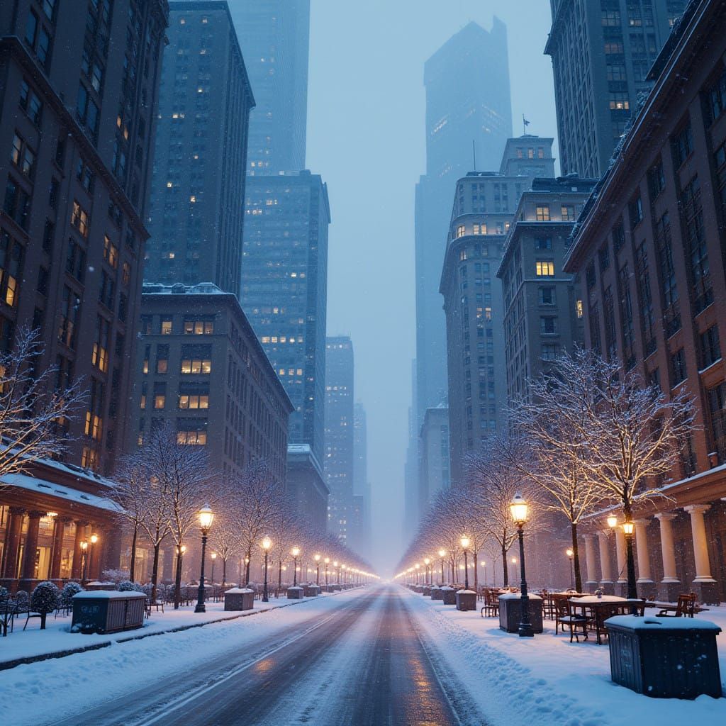 Magical Snowfall in Futuristic NYC at Christmas