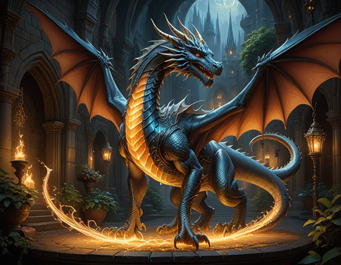 Elegant Silver Dragon Guards Majestic Magic Well