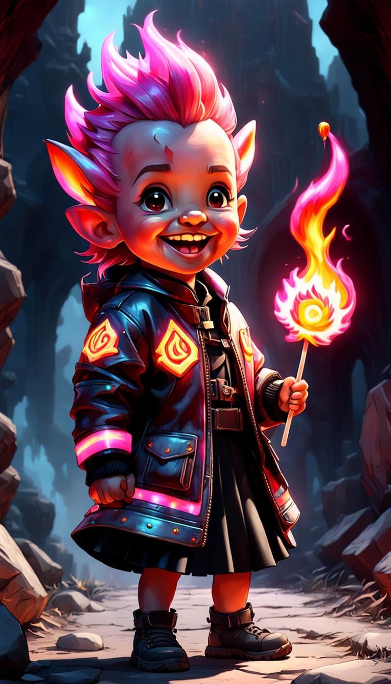 Stone Toddler with Fire Hair, Dark Fantasy Concept Art