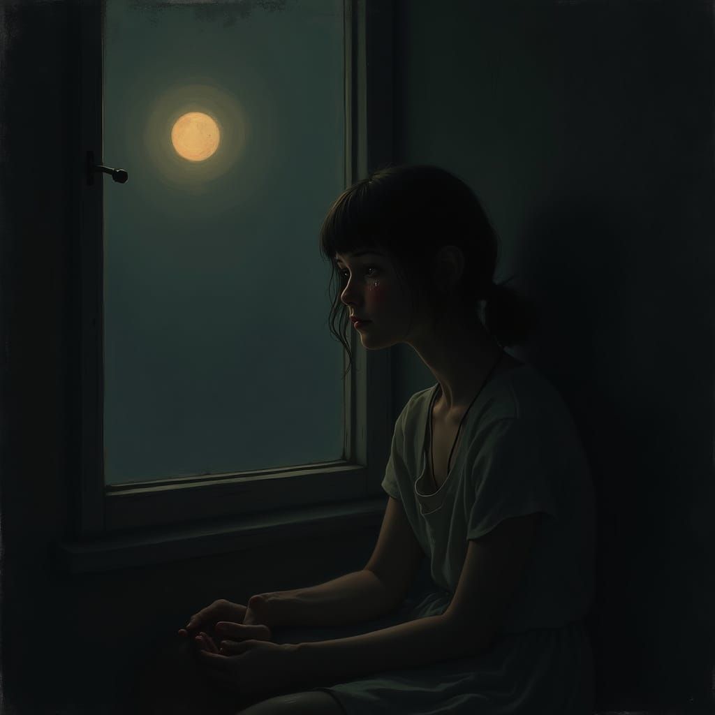 A Girl Contemplates in the Night's Gentle Glow