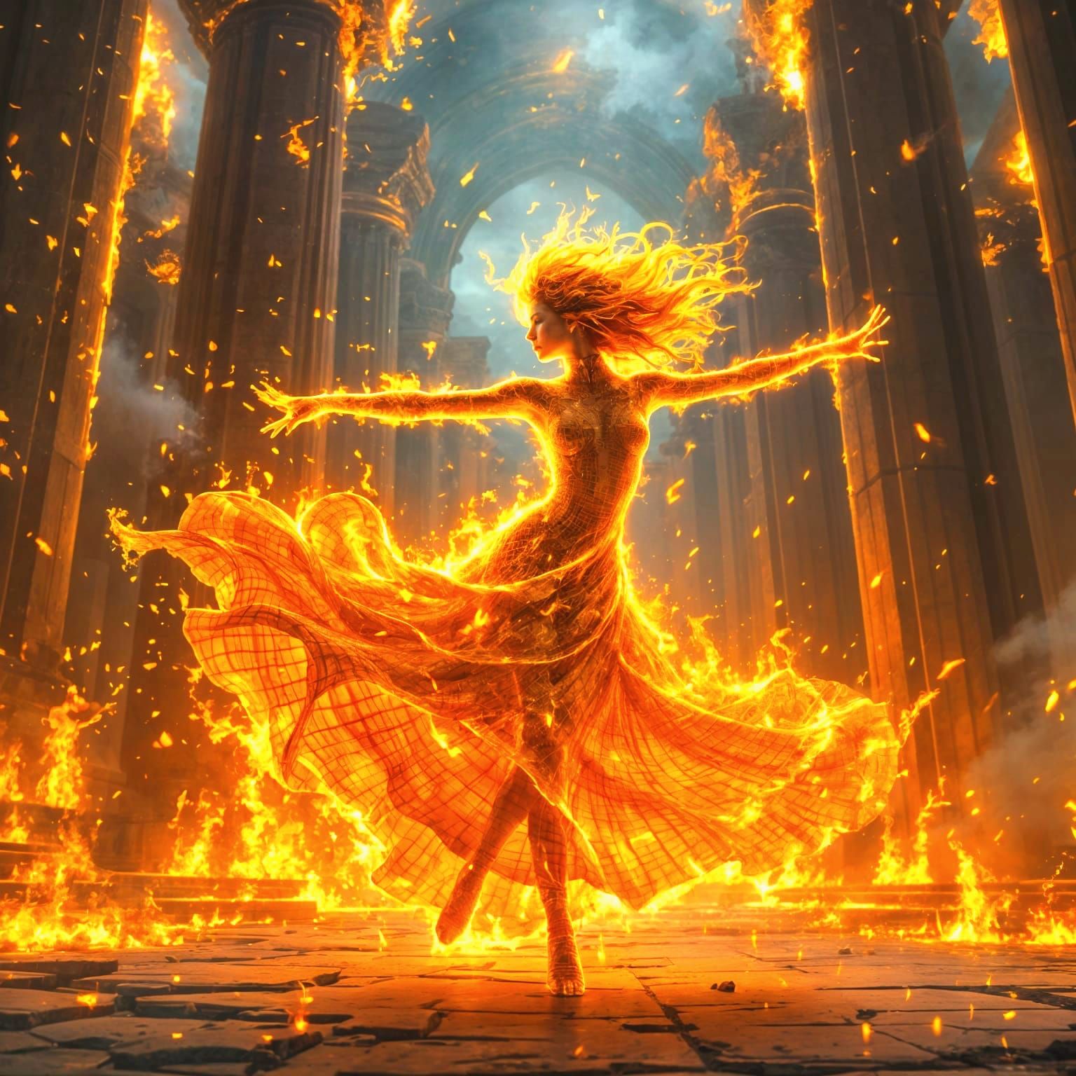 Fire Elemental Woman Dancing in Cathedral of Fire