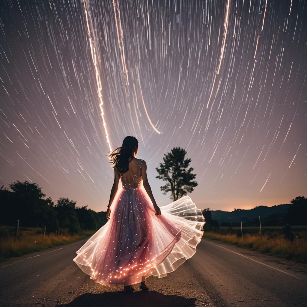 a woman with dress made from the tail of light. long-exposure images in star trails smoothly flowing, flat film effect b...