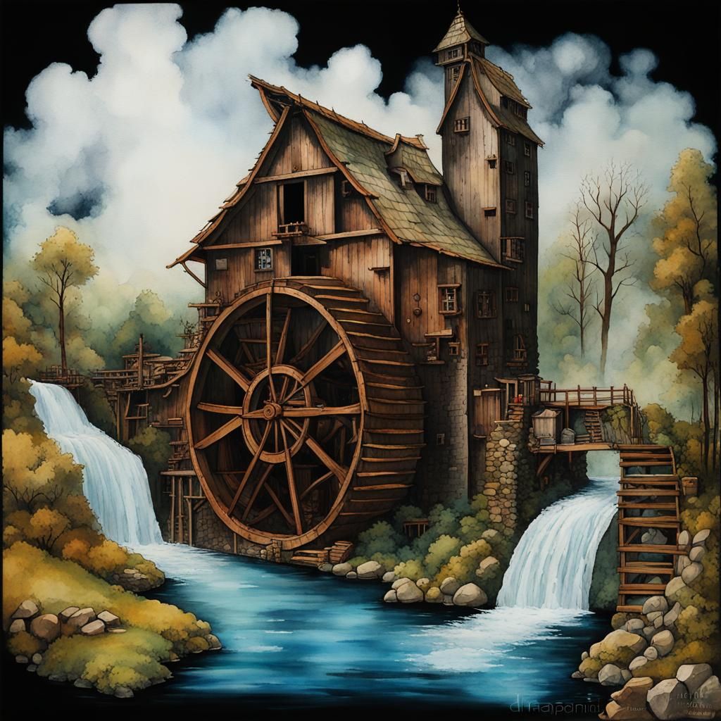 Magical Watermill with Alien Botany, Ink Art