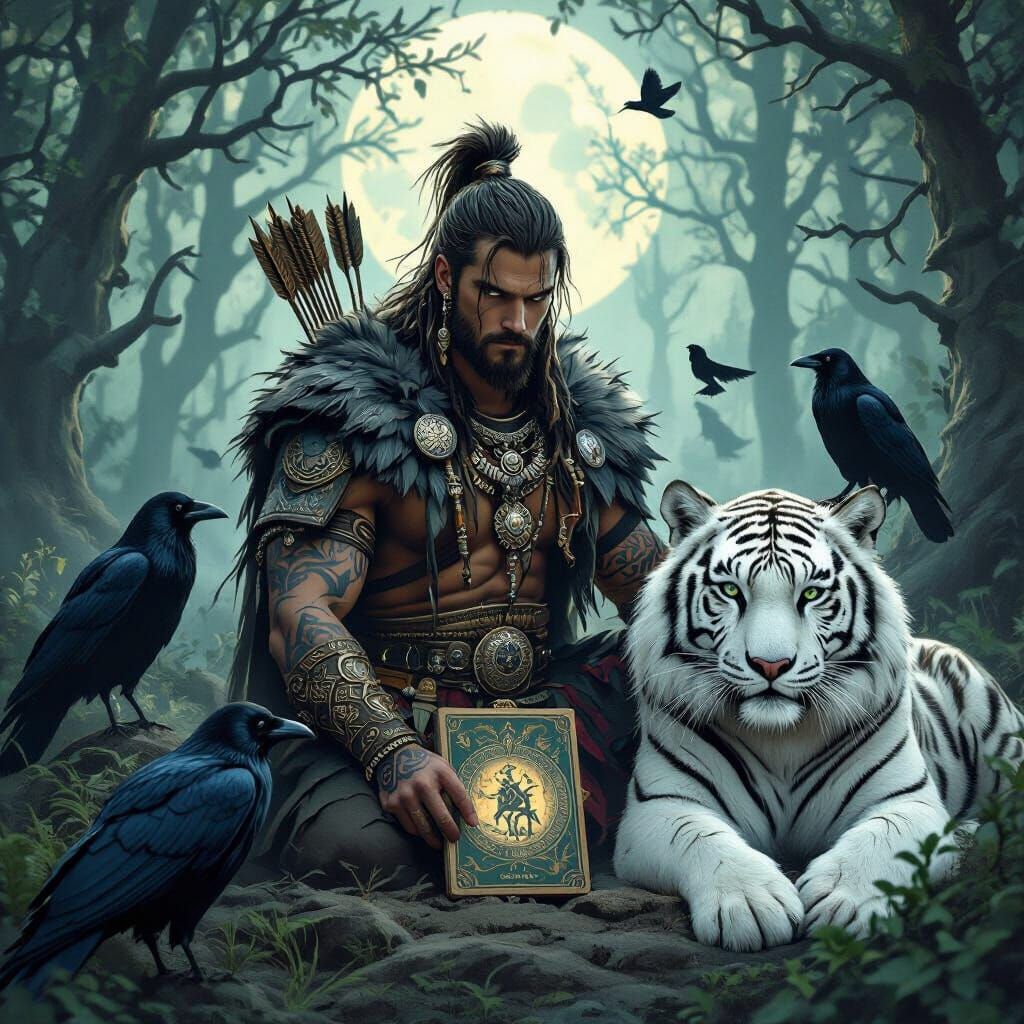 Celtic Warrior in Mystical Forest with Siberian Tiger