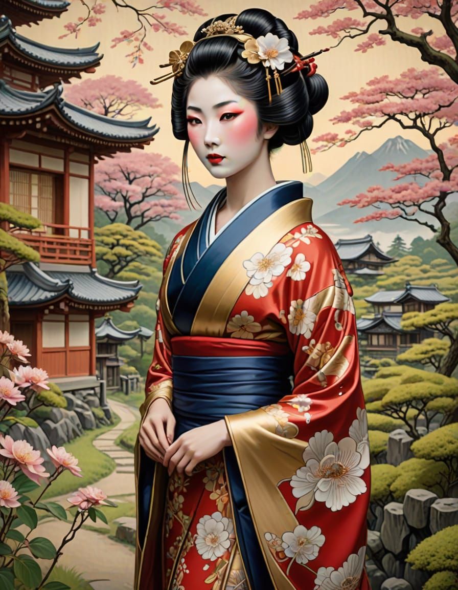 Art Nouveau Geisha in Classical Japanese Countryside