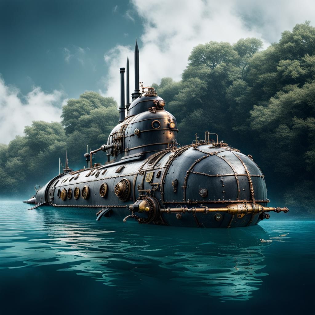 Steampunk Submarine Floating on Water