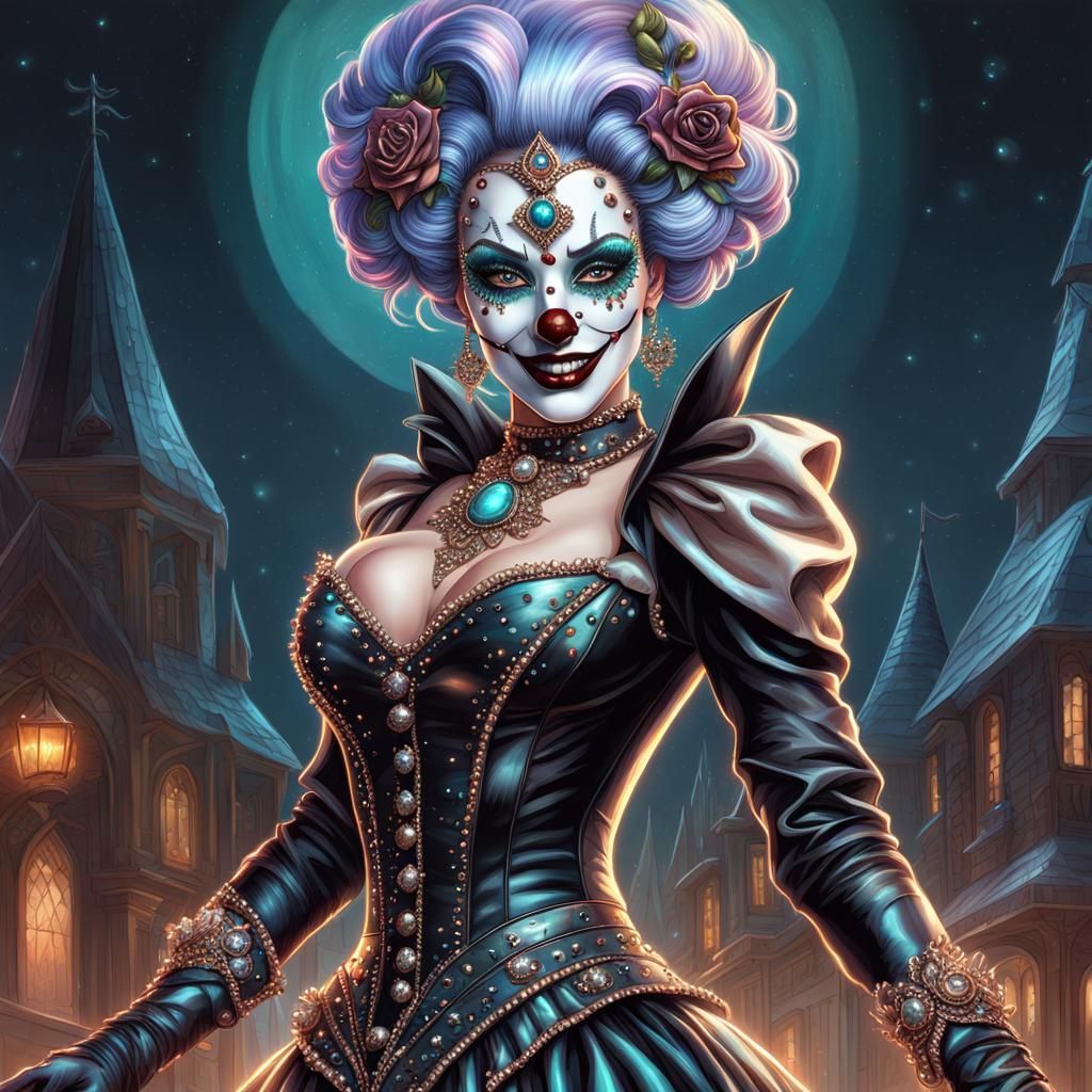 Happy Goth Clown Witch with Rose Gold Eyes