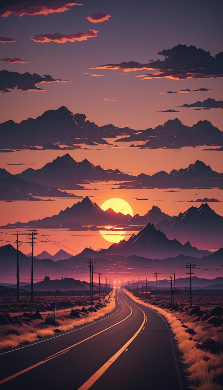 Highway Car at Sunset in Low-Poly Style