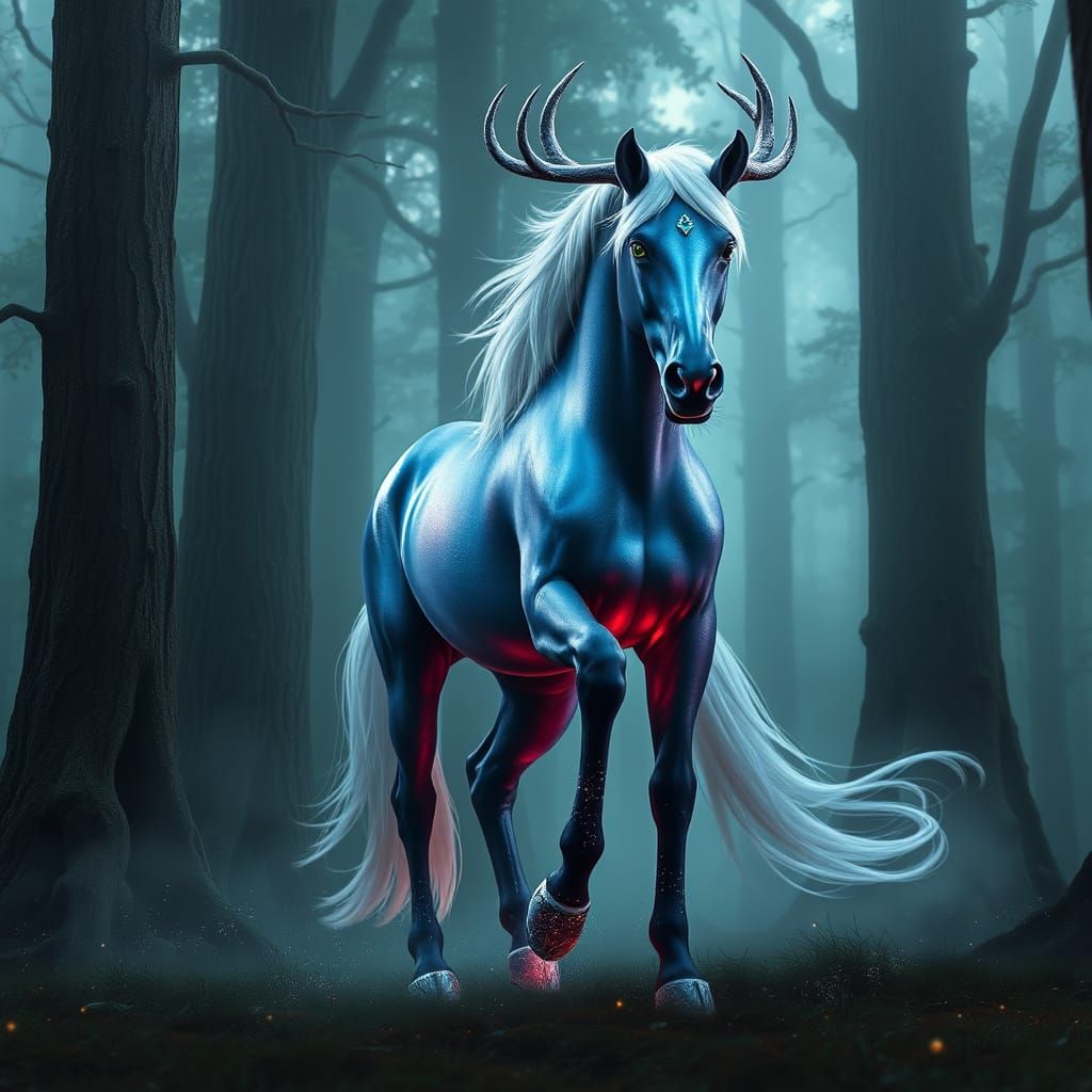 Majestic Stallion in Ethereal Mist, Radiant with Jewel-Toned...