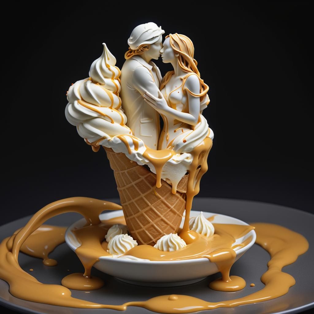 Cream Couple Ascends from Melting Butterscotch Cone