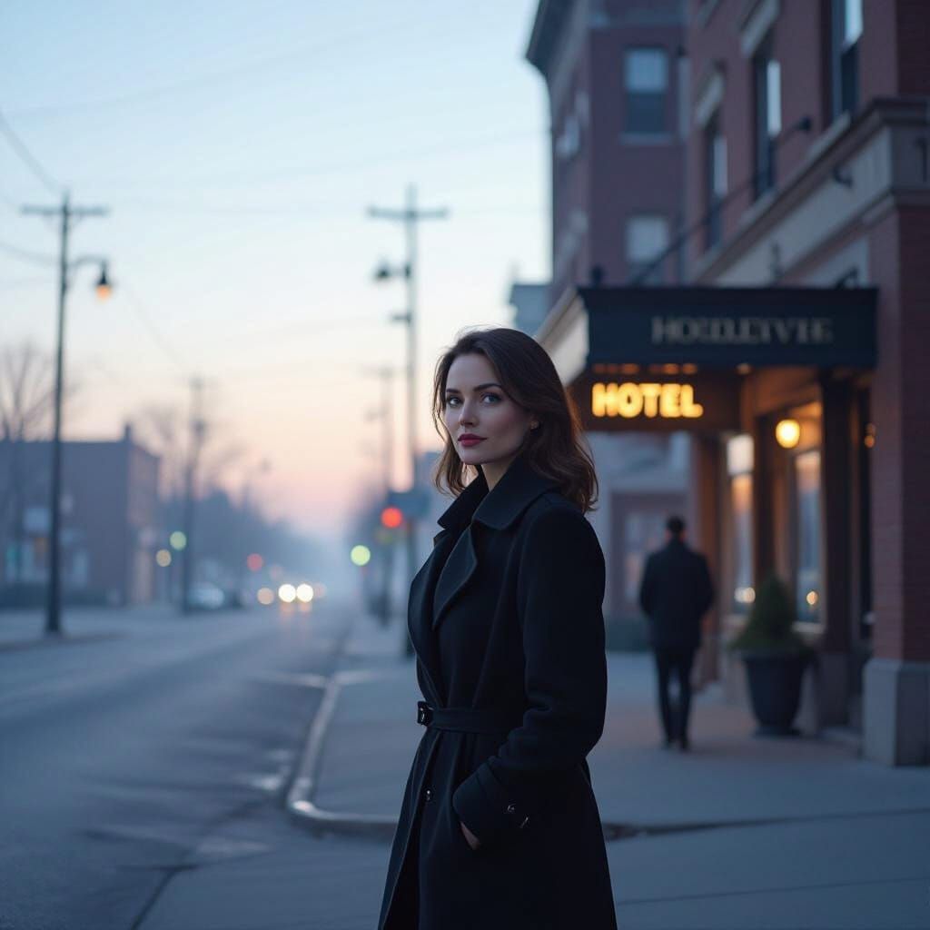 Woman on Empty Street at Dawn, Old Hotel