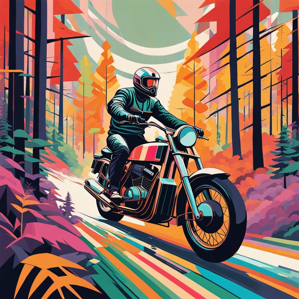 Motorcycle Rider in Woods: Geometric Pop Art