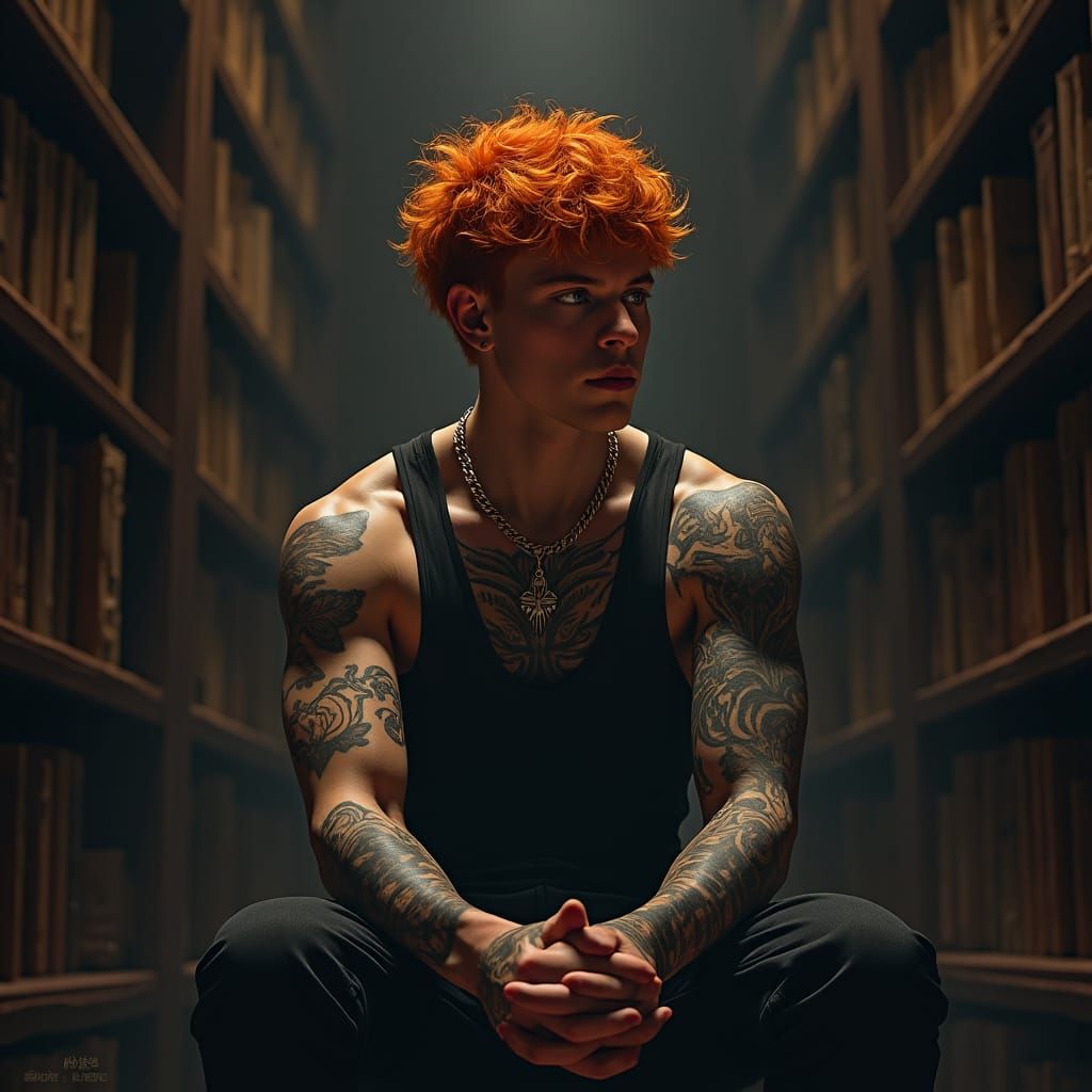 Introspective Man in Library, Fantasy Concept Art