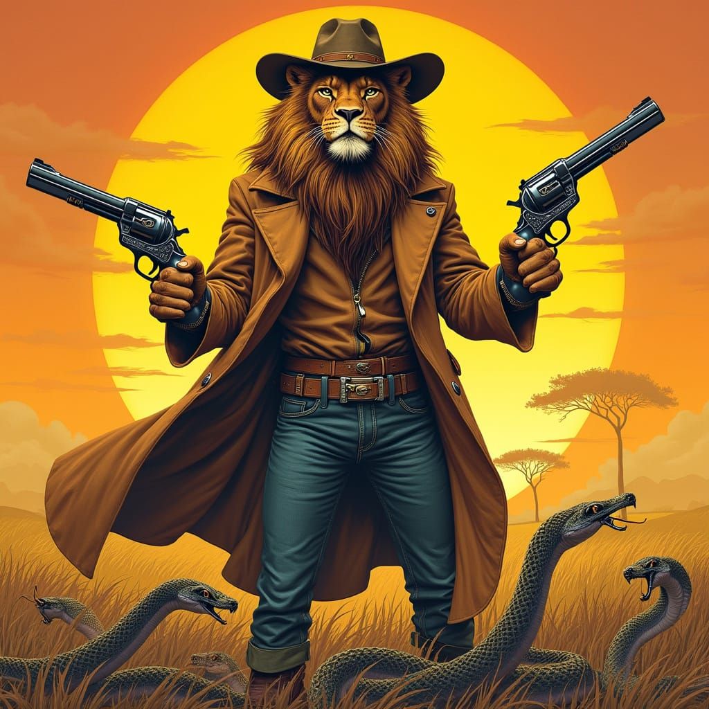 Lion Gunslinger in Savannah, Mœbius & Syd Mead Style