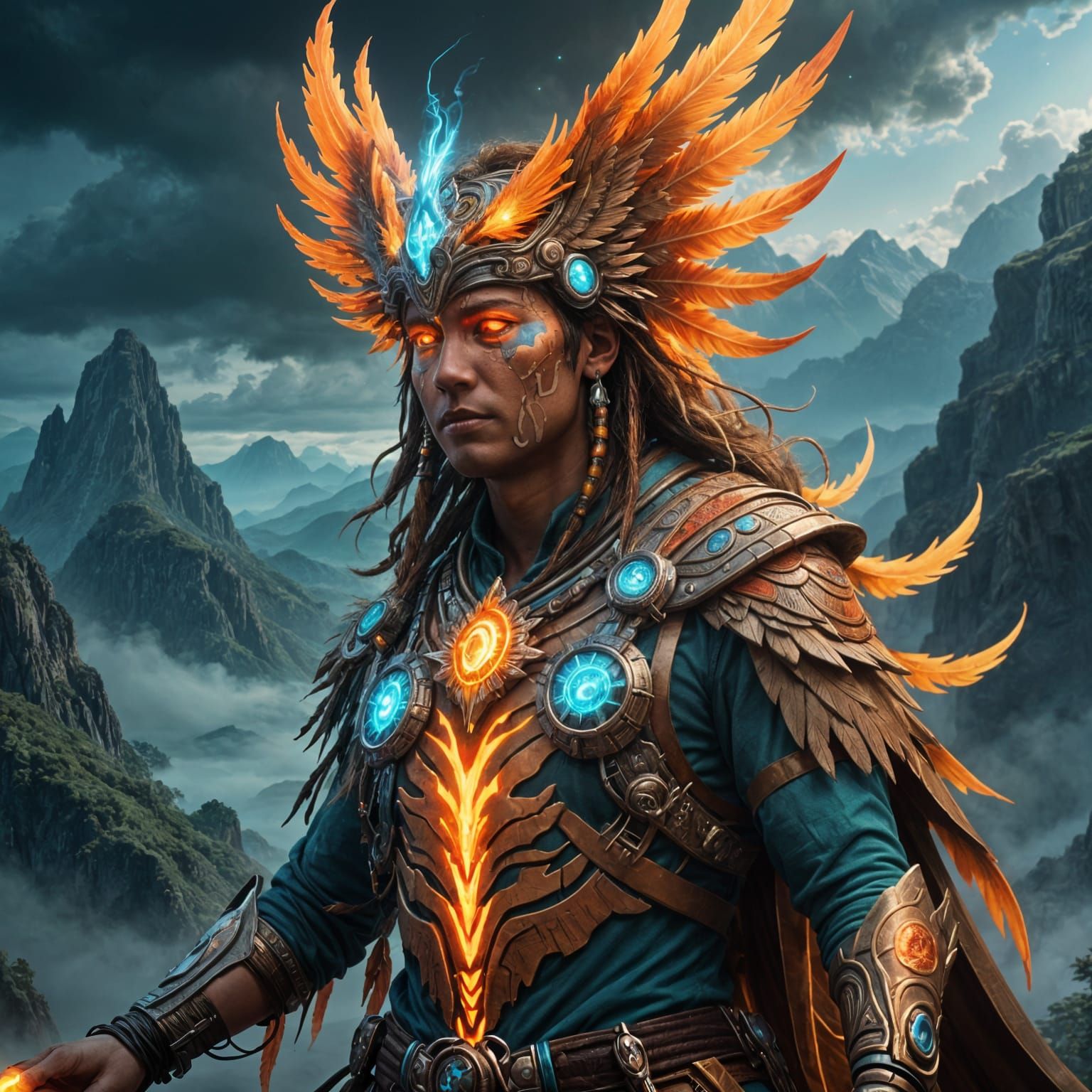 Futuristic Shaman Transforms into Digital Phoenix