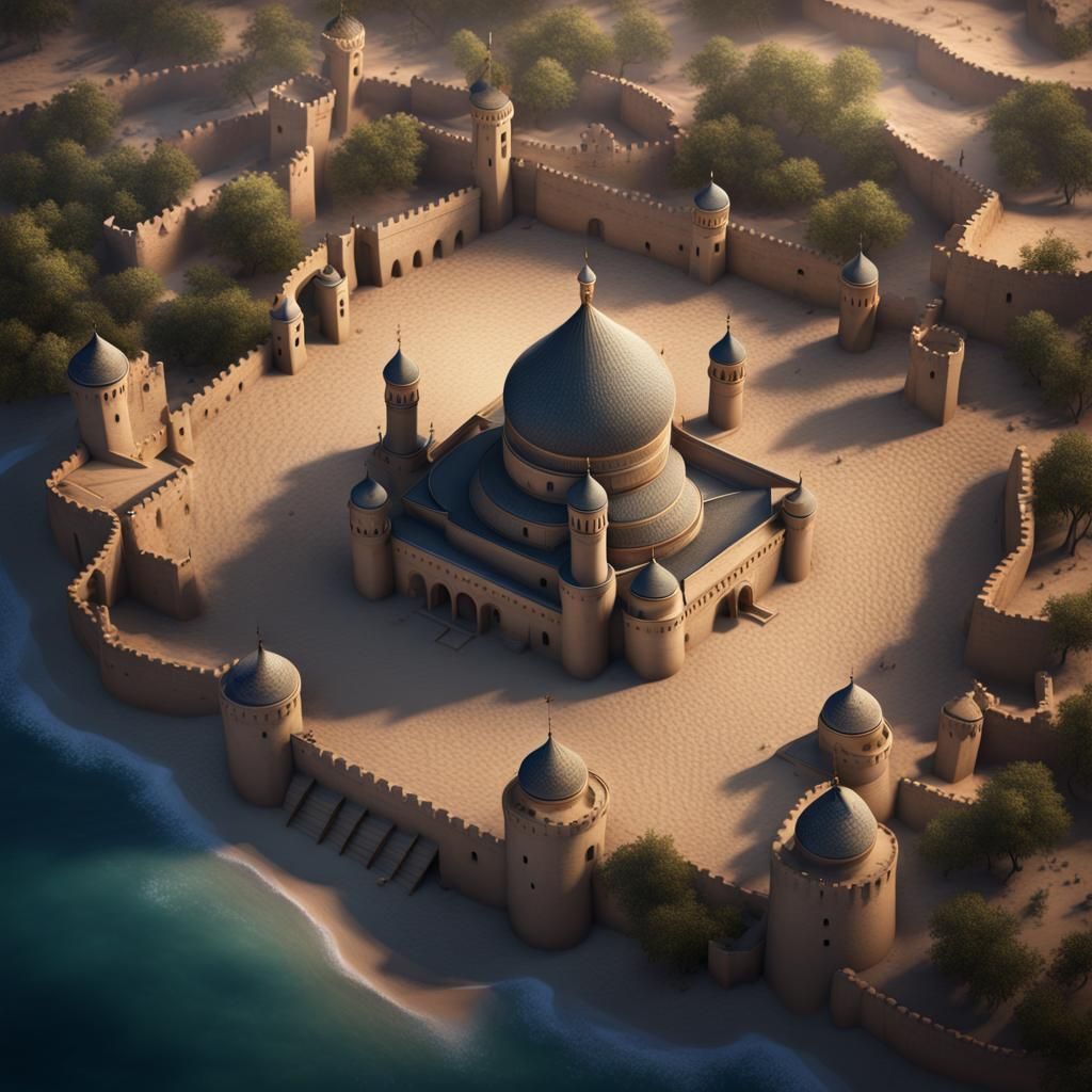 Sand Mosque at Night: Hyperrealistic Aerial View