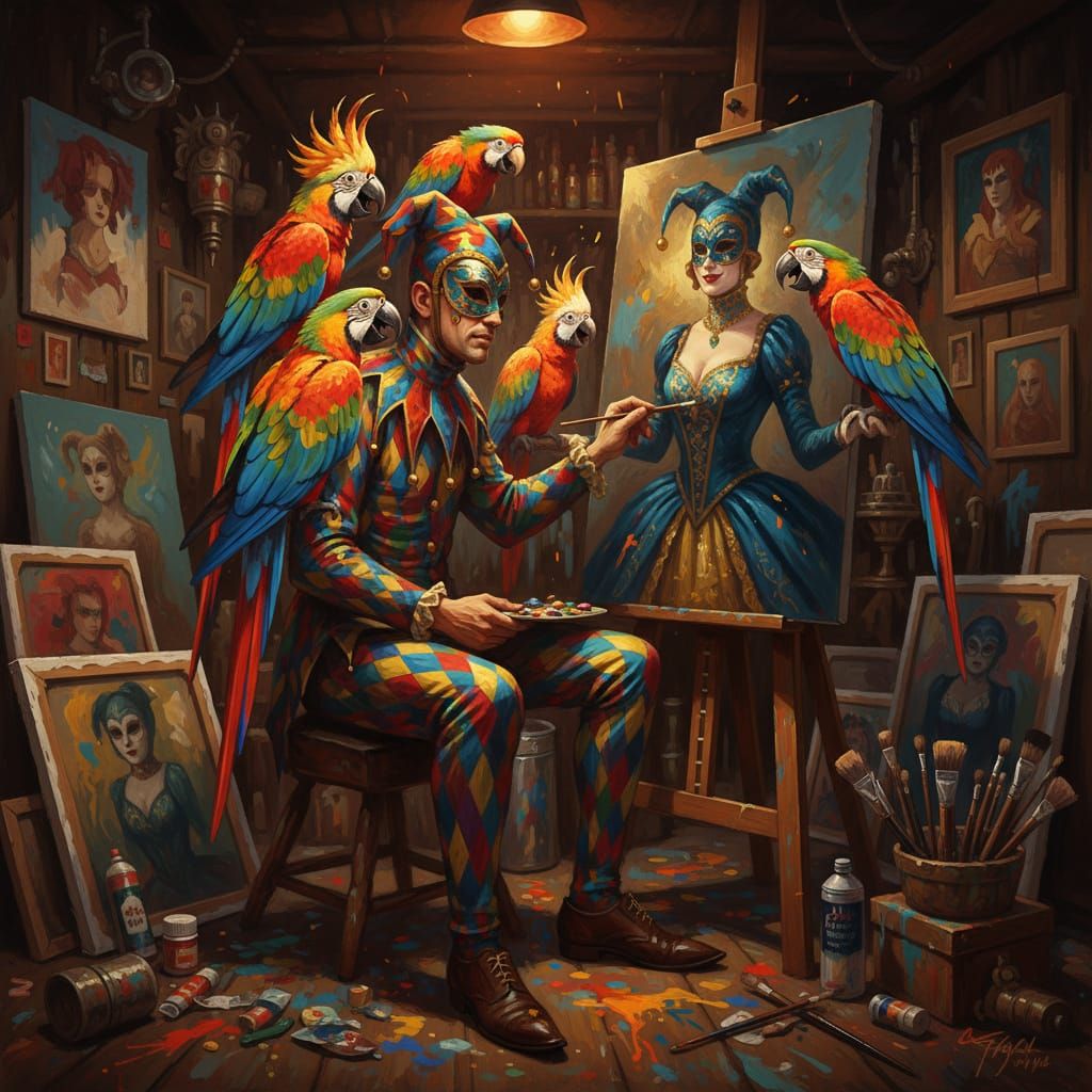 Harlequin Artist Paints Beloved Woman as Parrots Mock Him