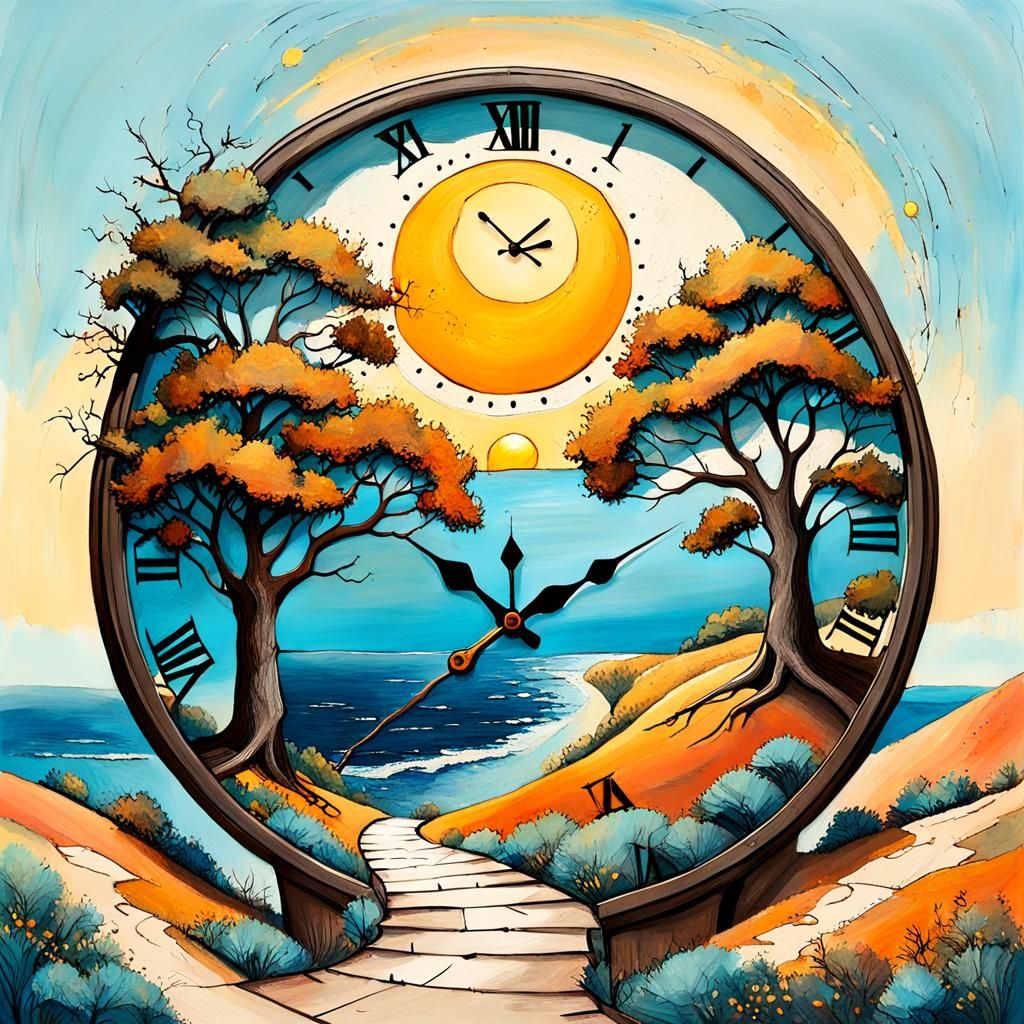 Whimsical Clock Face on Hill: Vintage Oil Painting
