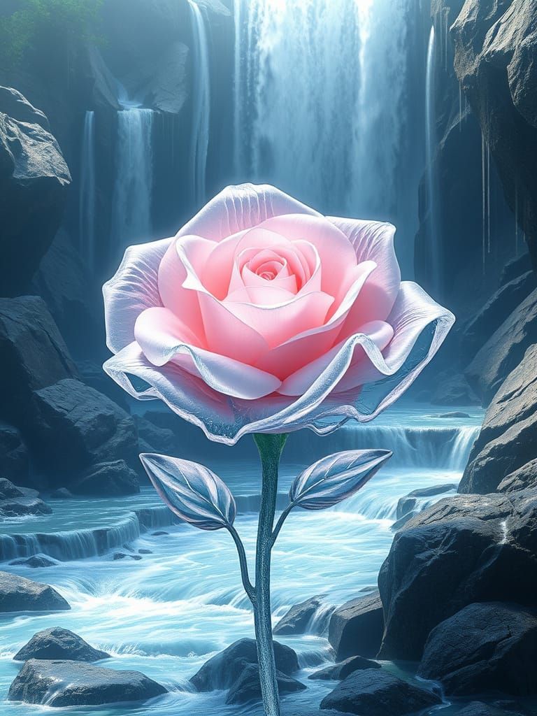 Ethereal Water Rose in a Majestic Waterfall Scene