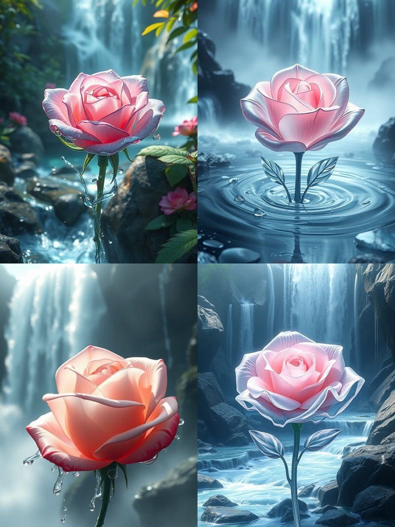 Translucent Water Rose in a Breathtaking Waterfall Scene