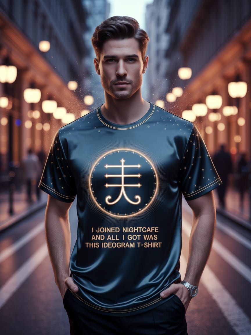Elegant Man in Shimmering Silk T-Shirt Under City Lights