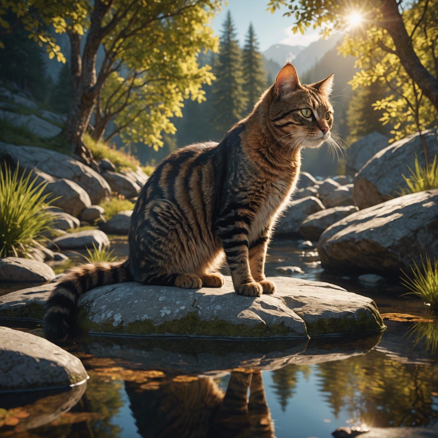 Gorgeous Cat Basking in Sunlight Near Pond