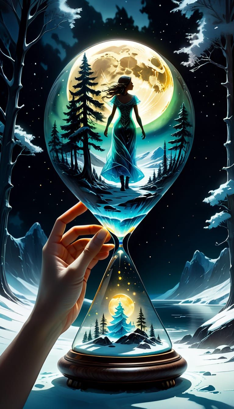 Mystical Woman Conjures Hourglass of Ethereal Landscapes