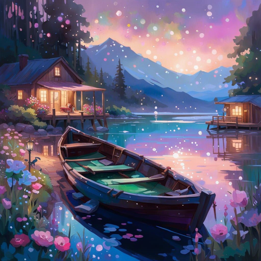 Tranquil Lakeside at Starry Night in Disney Style