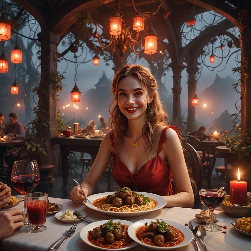 Ethereal Fantasy: Girl Dining in Enchanted Restaurant