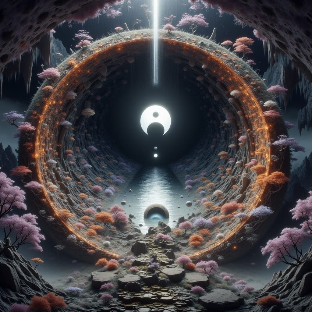 Yin-Yang Black Hole Star Orbit in Surreal Style