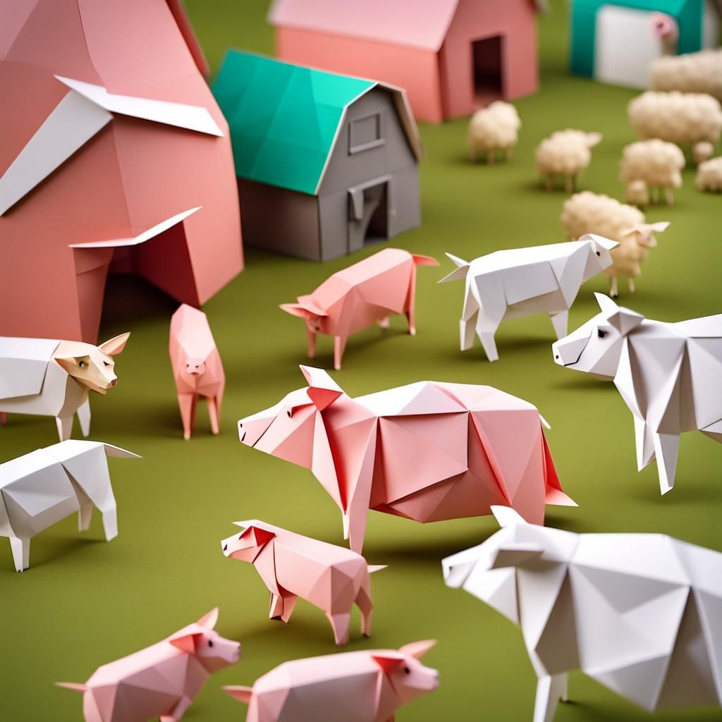 Farm Animals and Barn in Origami Papercraft Style
