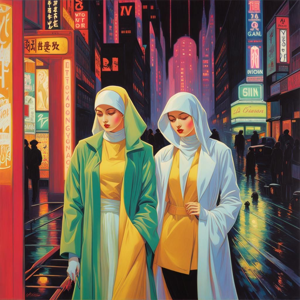 art by Abdur-Rahman Chughtai, Dante Gabriel Rossetti, futuristic lesbian pulp fiction, two women in a neon-lit Tokyo of ...