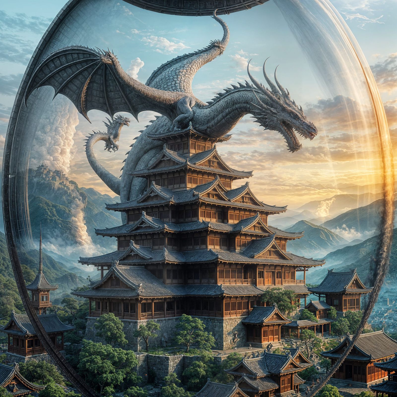 Epic Digital Painting of Silver Dragon Over Japanese Castle