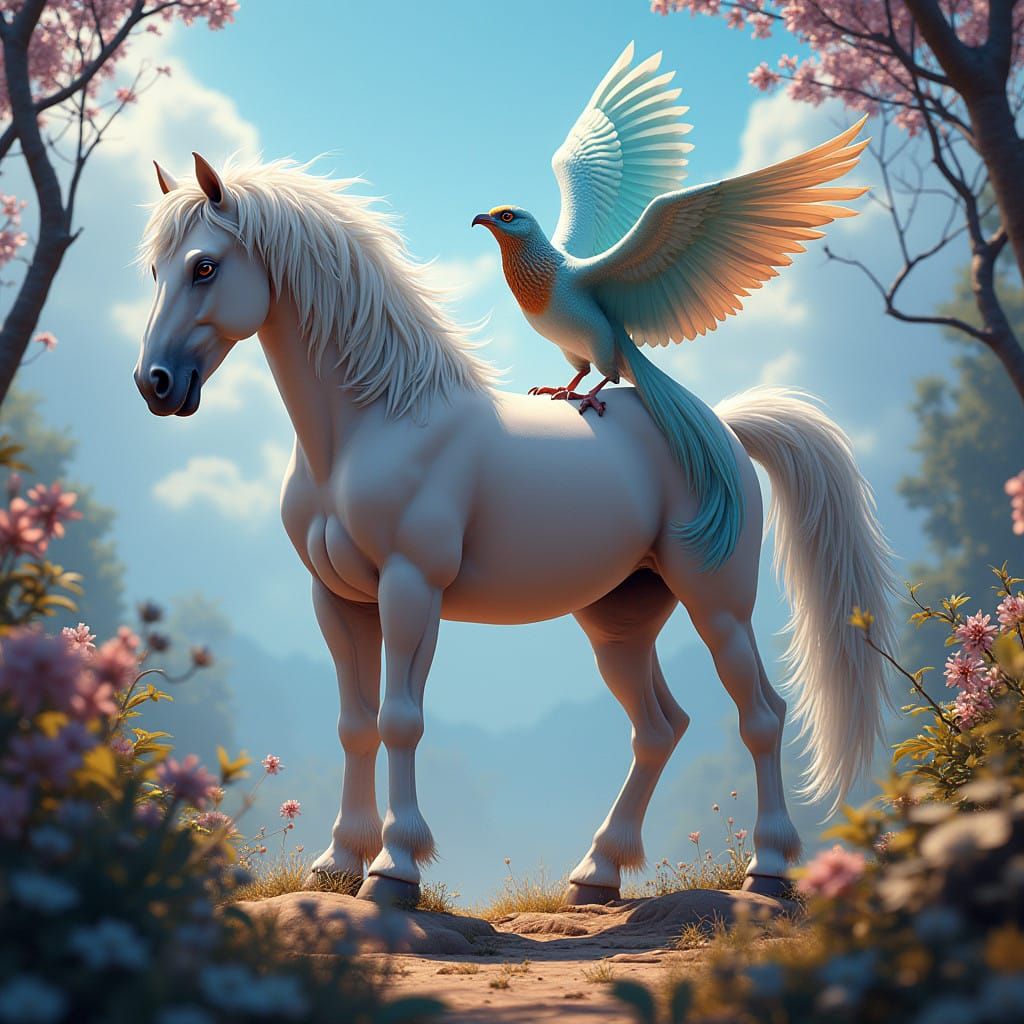 Majestic Horse Meets Iridescent Bird in Lush, Dreamlike Land...