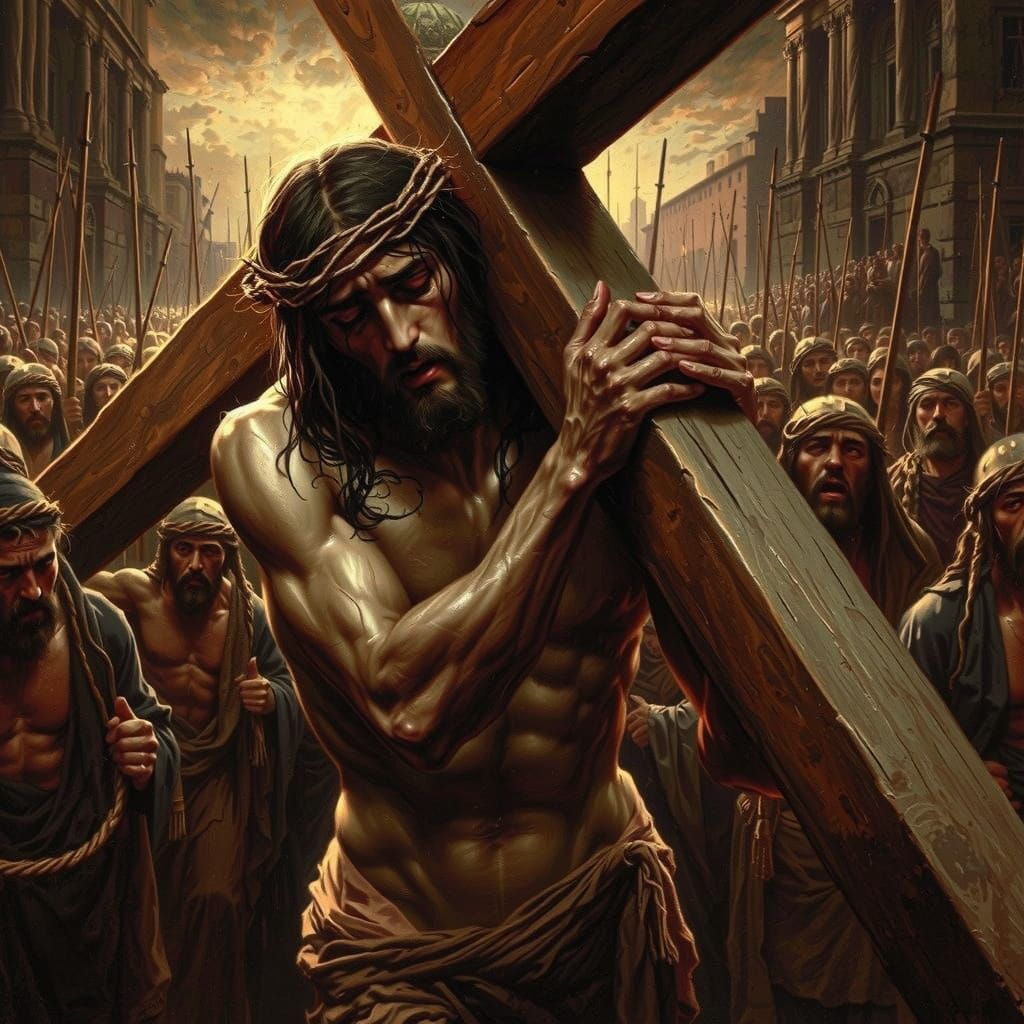 Jesus Carrying the Cross in Dark Somber Realism